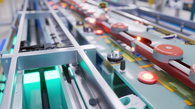 AI-driven sorting system at a factory, close-up, detailed conveyor and object recognition