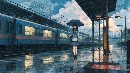 A girl with umbrella walking in a train station during the rain.