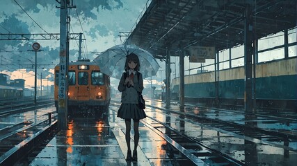A girl with umbrella walking in a railway station during the rain.