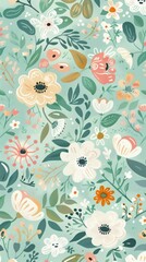 Mint meadow fantasy background, whimsical floral ornaments in soft green mint, enchanting and playful for children product showcase wallpaper