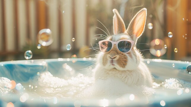 Playful White Rabbit Relaxing in Hot Tub with Sunglasses, Canon EOS R6 Camera, 24-70mm Lens, Afternoon Sunlight, Vibrant Style, Fujifilm Superia X-tra 400