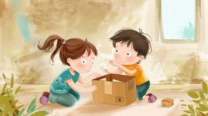 Two children playing with a box. cartoons. Illustrations