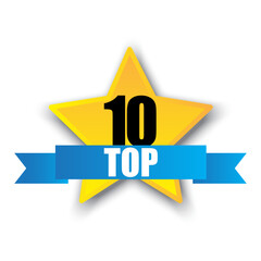 Number ten top star badge. Vector rating symbol. Bright ribbon design.