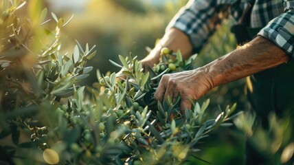 Obraz premium Person harvesting olives by hand from olive tree
