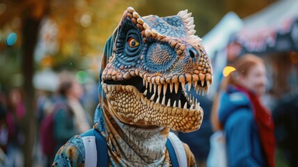 Person in realistic dinosaur costume at crowded event