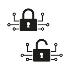 Locked and unlocked padlock with digital network connections. Cybersecurity Vector concept. Encryption and decryption illustration.