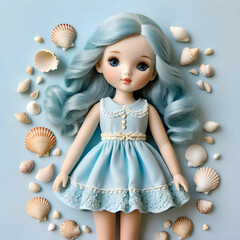 Cute Doll in Blue Summer Doll with Seashells