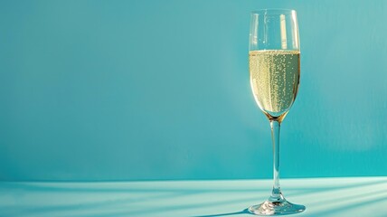 Glass of sparkling wine against blue background with shadows and reflections