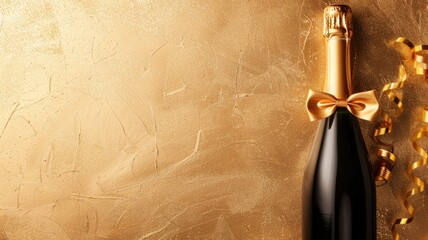 Champagne bottle with golden bow on textured background, festive concept
