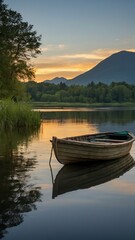 Obraz premium boat on lake Golden Reflections Tranquil Lakeside Sunset