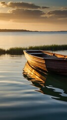 Obraz premium boat on the lake Golden Reflections Tranquil Lakeside Sunset