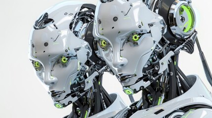 A male and female robot looks into the camera, happy faces, a white background, green eyes, and silver body parts
