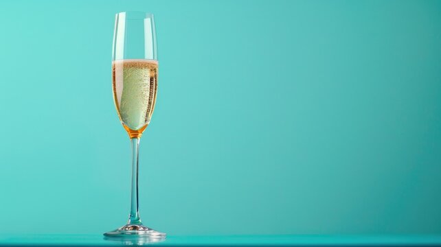 Champagne flute with bubbly liquid on teal background