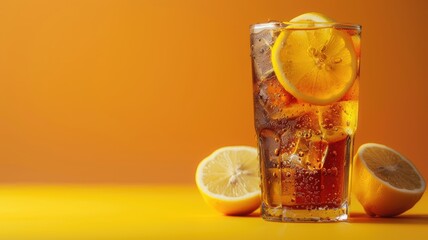 Fototapeta premium Iced tea with lemon slices against orange background