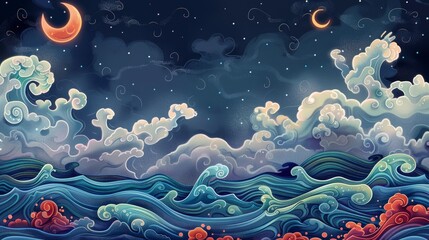 Fototapeta na wymiar hand drawn cartoon steam wave wind night outdoor landscape illustration. cartoons. Illustrations