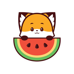 Cute Fox Holding a Watermelon, vector icon, vector logo, vector sign