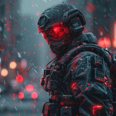 Robotic abstract image with brightly lit digital dot style connected to computers and cyberspace, with a calm dark appearance