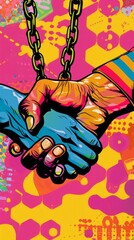 Pop art style illustration, bold graphic image of a handshake on a bright patterned background, white and african american's hands,chains in the background, solidarity and liberation. Juneteenth mood.