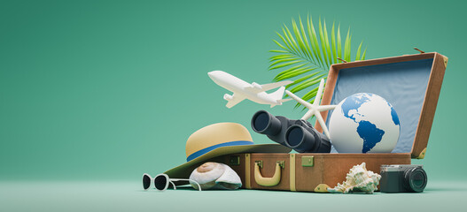 summer holiday travel concepts backgrounds with vintage suitcase. 3d rendering