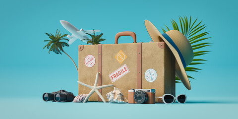summer holiday travel concepts backgrounds with vintage suitcase. 3d rendering