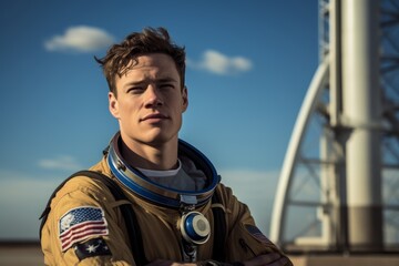 A Vision of Ambition and Adventure: A Young Aspiring Astronaut Standing Proudly in Front of the Renowned Space Training Center Under a Clear Blue Sky
