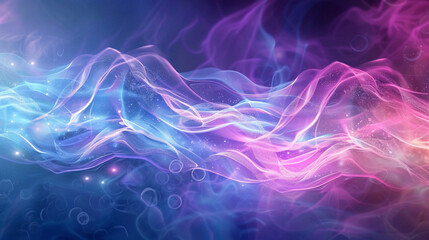 The digital art style features a gradient background of purple and pink with bokeh lights and light effects.