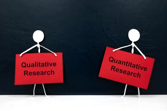 Quantitative vs qualitative research concept. Human stick figure holding red placard paper with written text.