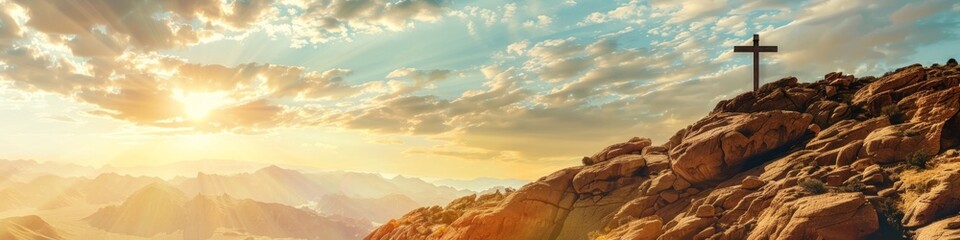 Fototapeta premium Rocky reverence backdrop showcasing a crucifix atop a rugged mountain, symbolizing strength and steadfastness in faith for outdoor wallpaper, banner, copy space