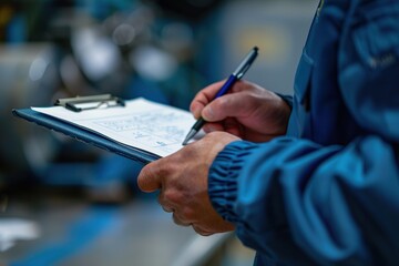 Close-up of a factory worker writing a clipboard.