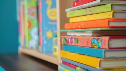 Pile of colorful children's books on shelf