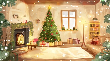 Christmas, Living room with Christmas and New Year decorated interior. cartoon or anime watercolor illustration style looping video background. cartoons. Illustrations