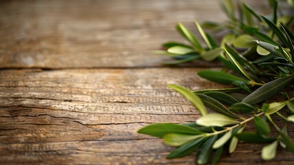 Fresh green olive branch placed on rustic wooden background
