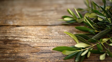 Obraz premium Fresh green olive branch placed on rustic wooden background