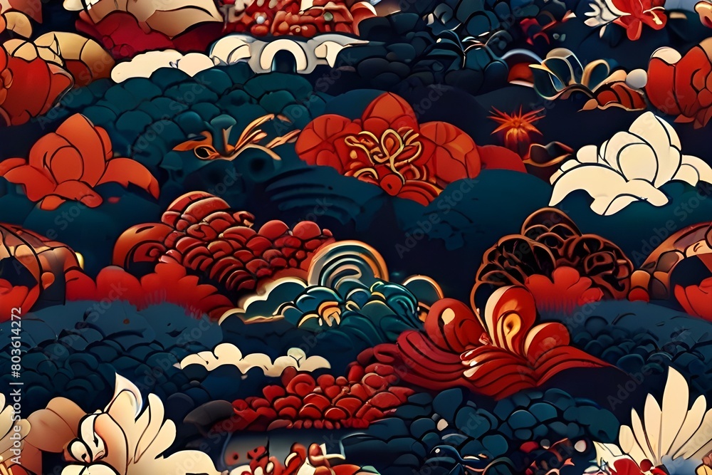 Aufkleber Japanese style and simple dragon seamless pattern Generative AI 