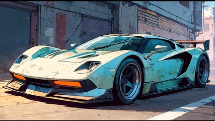 A cyan supercar drifting on the city street with vibrant colors.