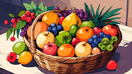 A basket full of delicious and organic fruits, perfect food for healthy diets.