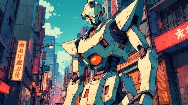 A giant futuristic robot protecting the city from dangers.