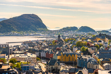 top view of The city of Alesund and the sea during a sunny day,  Norway