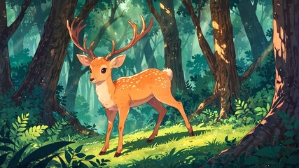 A cute little deer in the tropical forest with beautiful sunlight.