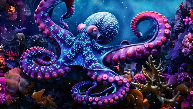 An octopus with neon indigo ink clouds, camouflaging in a coral reef underwater