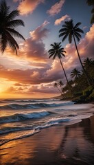 A beautiful sunset over the ocean with palm trees in the background