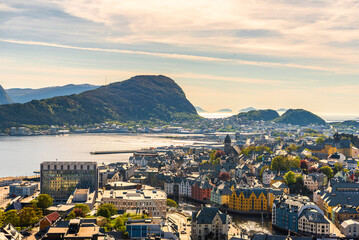 top view of The city of Alesund and the sea during a sunny day,  Norway