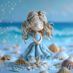 Cute Figurine in Blue Dress Sea of Dreams with Seashells 