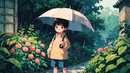 A cute little kid with an umbrella coming home from school during the rain.