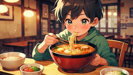 A bright kid eating a bowl of delicious ramen noodle full of toppings in a cozy restaurant.