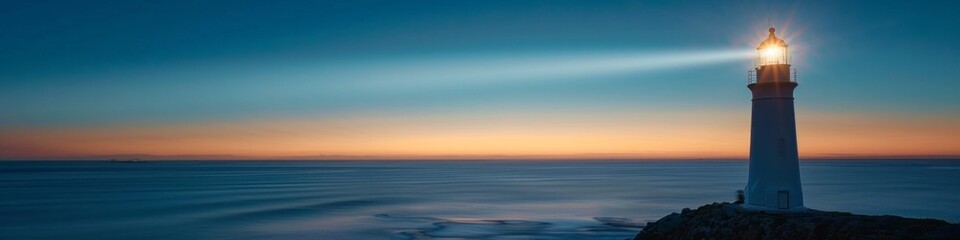 Fototapeta premium lighthouse banner, copy space, sea ​​or ocean view, sunset or twilight