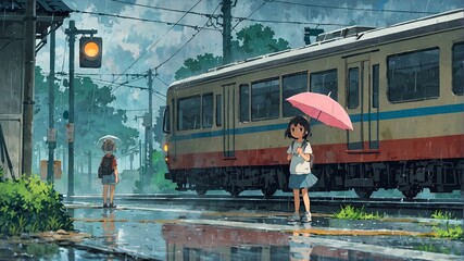 Kids with colorful umbrellas waiting in the train station during the rain.