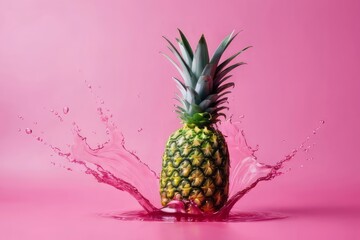 Fresh juicy pineapples in water splashes on pink background. Copy space, place for text. Raw fruits cut in water drops. Summer freshness, poster design. 

