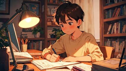 A bright kid studying and doing his homework in a cozy room.