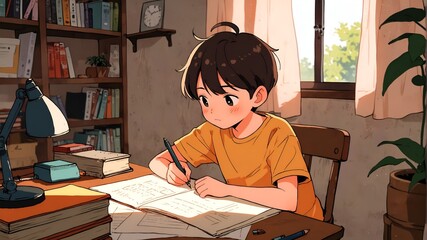 A smart kid studying and doing his homework in a cozy room.
